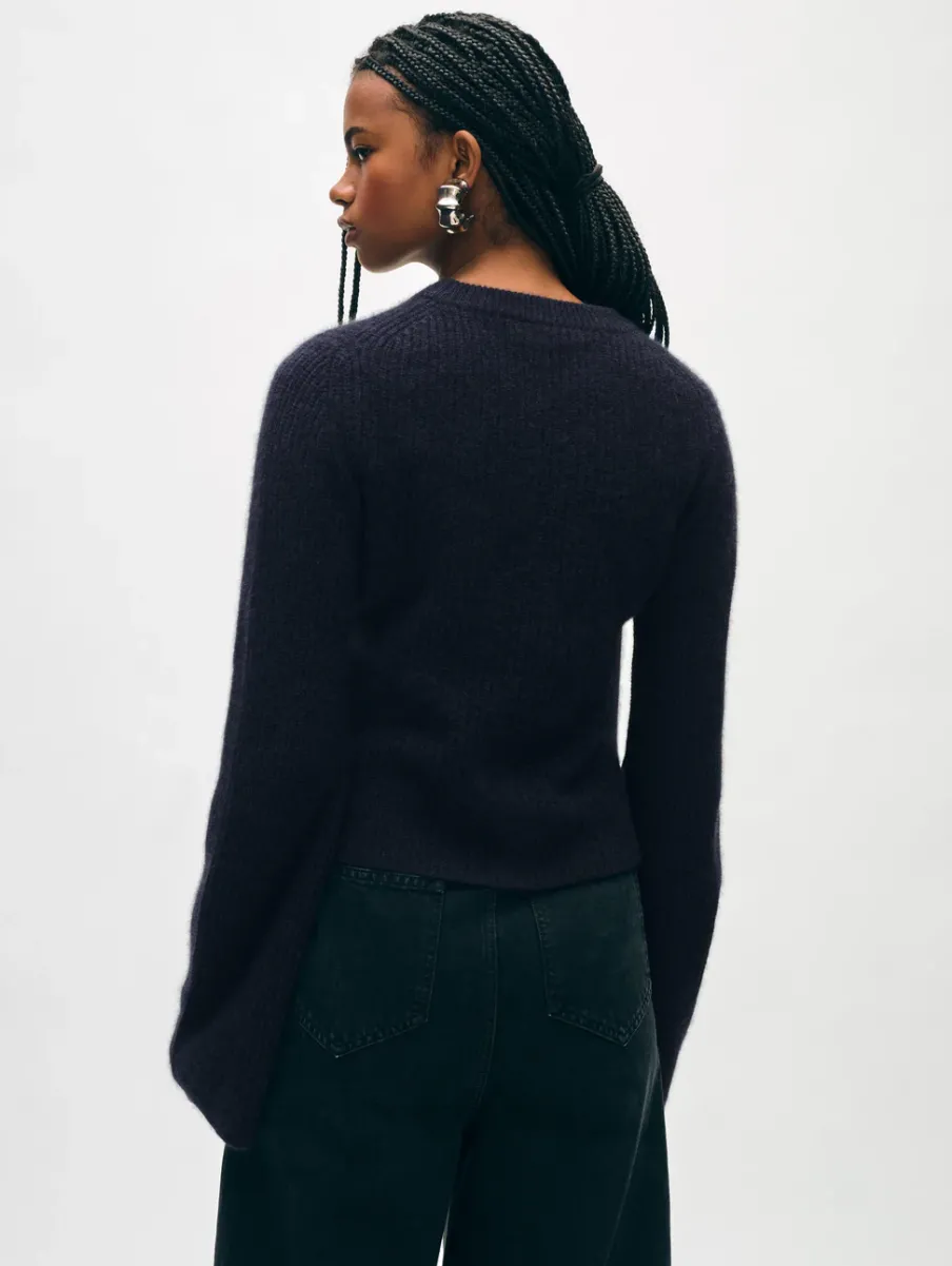 New White + Warren cashmere fluted sleeve top DeepNavy