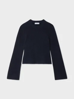 New White + Warren cashmere fluted sleeve top DeepNavy
