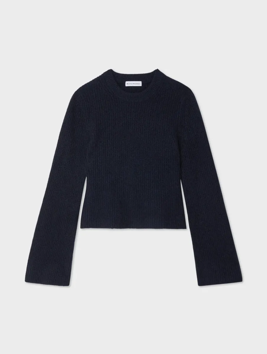 New White + Warren cashmere fluted sleeve top DeepNavy