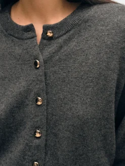 Hot White + Warren cashmere gold button cardigan GraphiteHeather