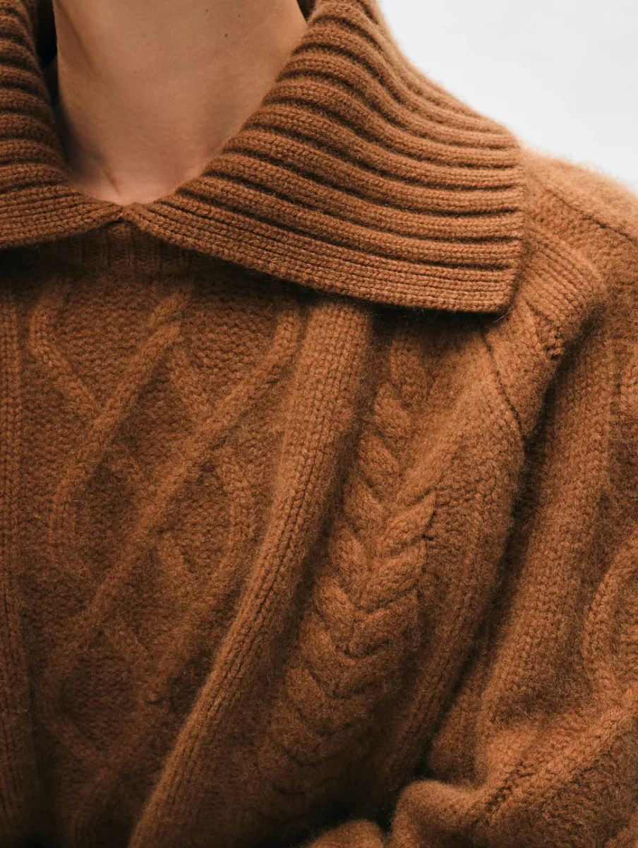 New White + Warren cashmere luxe cable collar crewneck CedarBrown