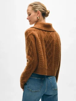 New White + Warren cashmere luxe cable collar crewneck CedarBrown