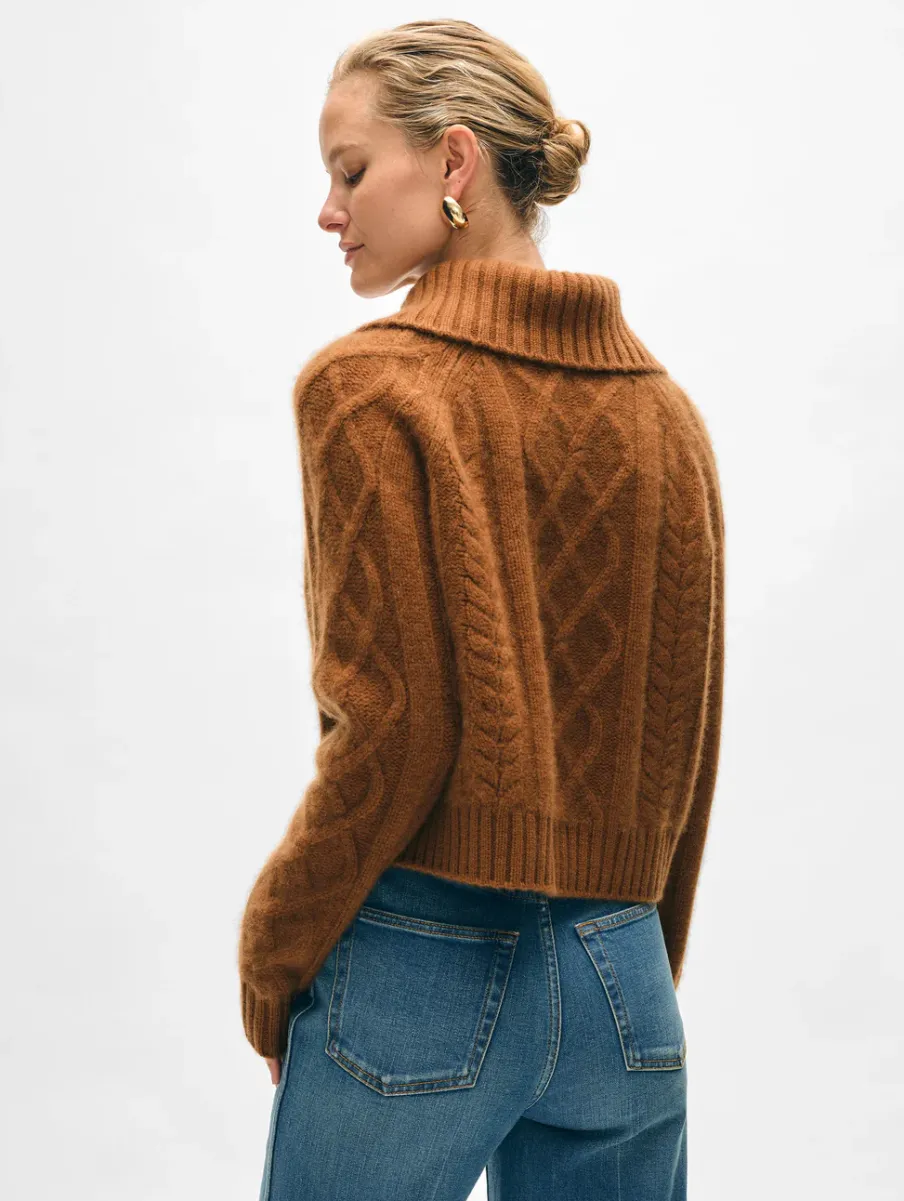 New White + Warren cashmere luxe cable collar crewneck CedarBrown