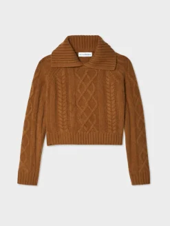 New White + Warren cashmere luxe cable collar crewneck CedarBrown