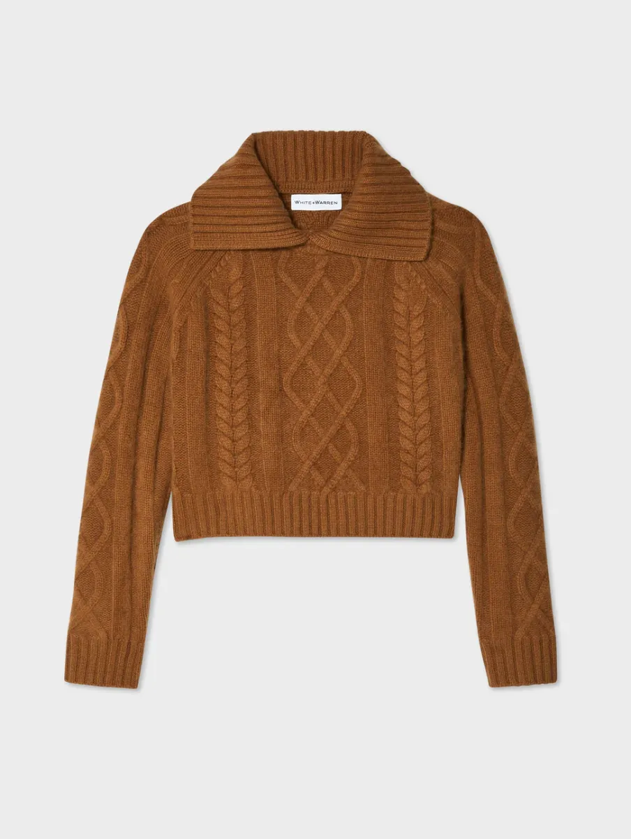 New White + Warren cashmere luxe cable collar crewneck CedarBrown