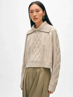 Fashion White + Warren cashmere luxe cable collar crewneck NaturalHeather