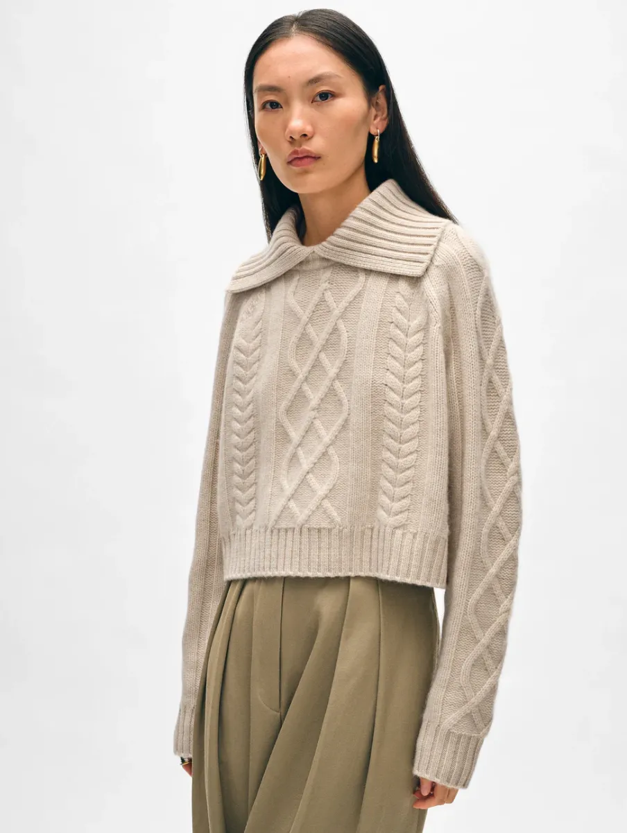 Fashion White + Warren cashmere luxe cable collar crewneck NaturalHeather