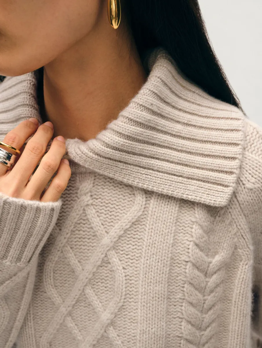 Fashion White + Warren cashmere luxe cable collar crewneck NaturalHeather