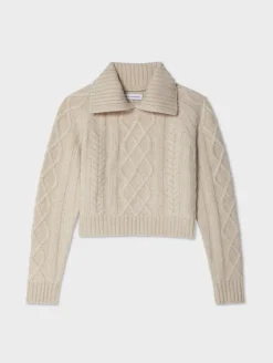 Fashion White + Warren cashmere luxe cable collar crewneck NaturalHeather