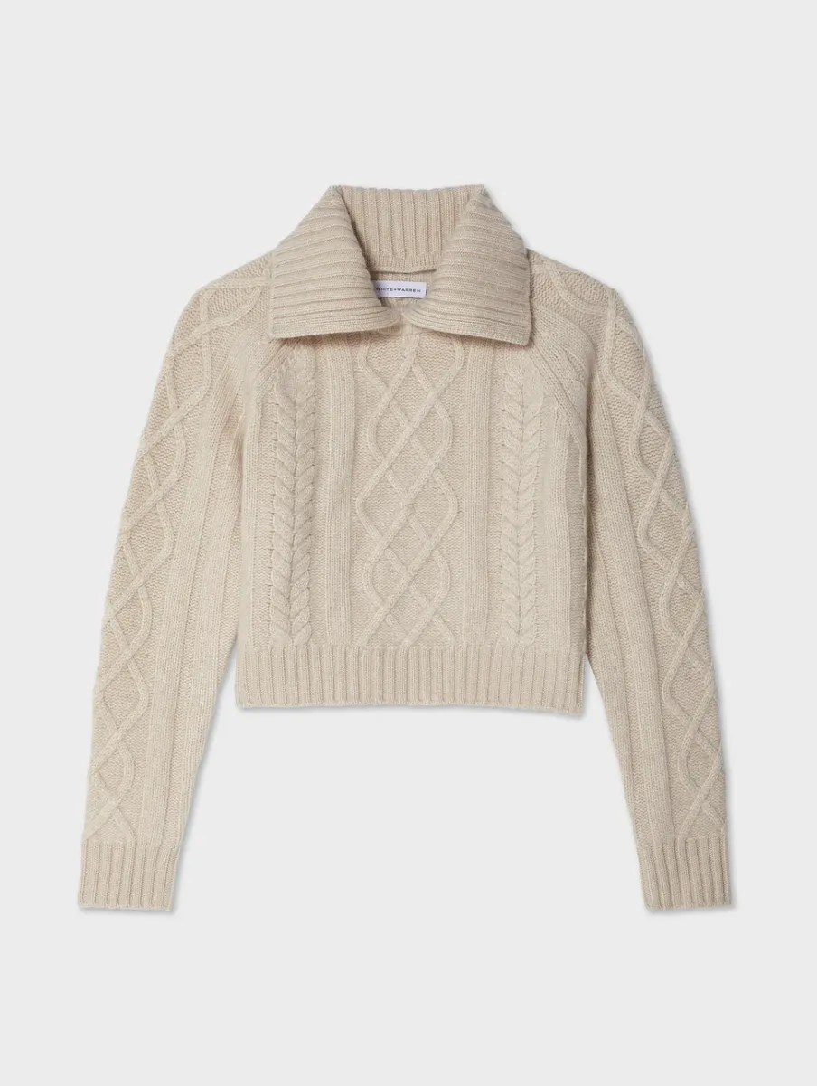 Fashion White + Warren cashmere luxe cable collar crewneck NaturalHeather