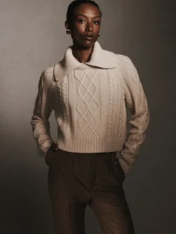 Fashion White + Warren cashmere luxe cable collar crewneck NaturalHeather