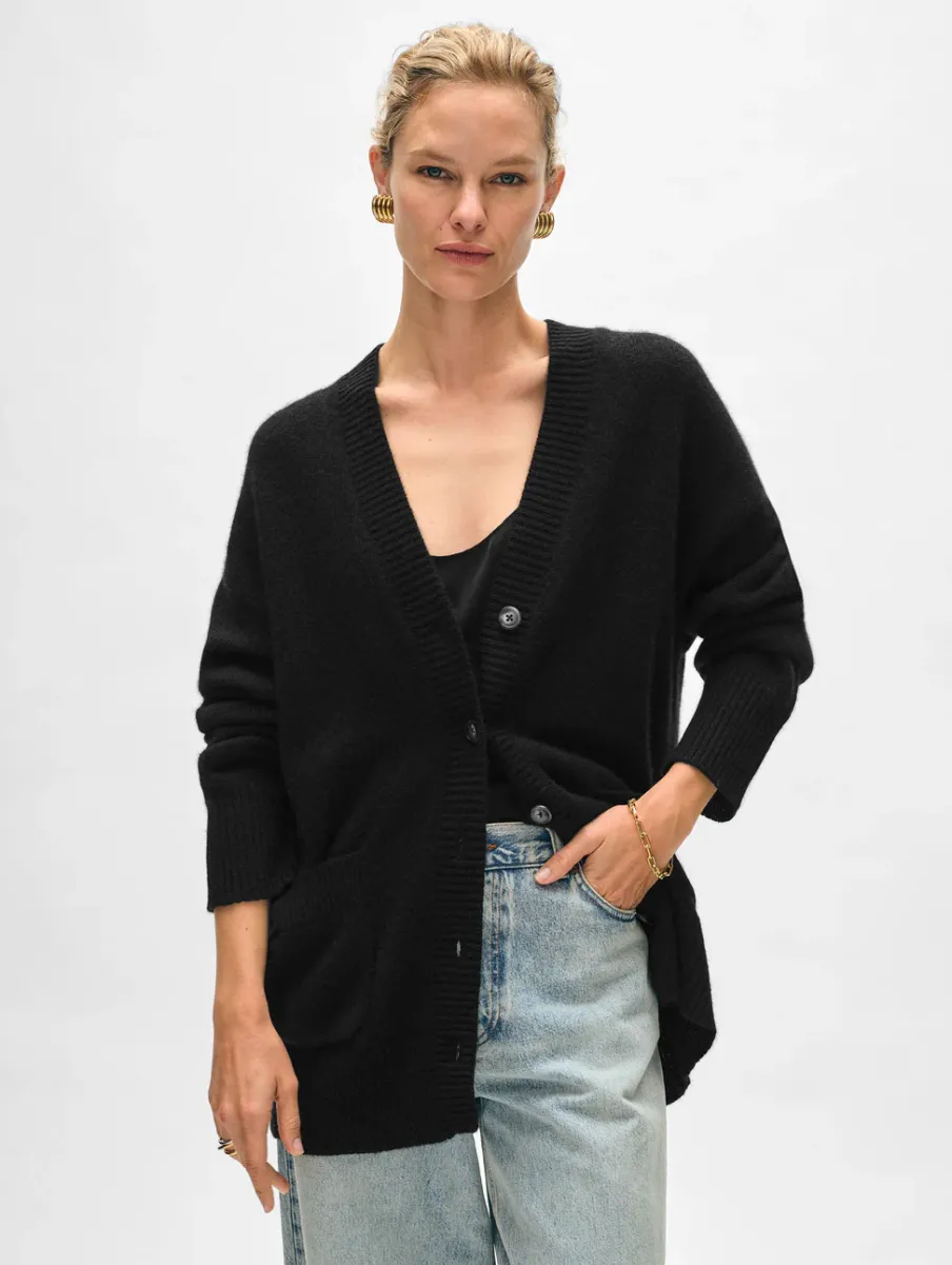 Hot White + Warren cashmere luxe pocket cardigan Black