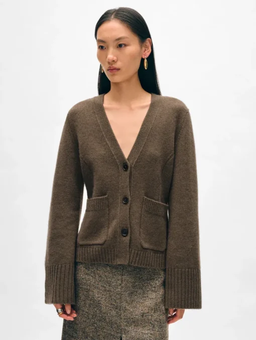 New White + Warren cashmere luxe waisted cardigan RussetBrown