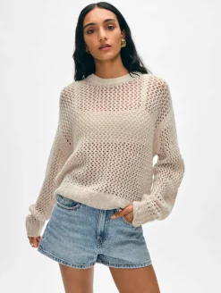 New White + Warren cashmere marled mesh crewneck SandwispCombo
