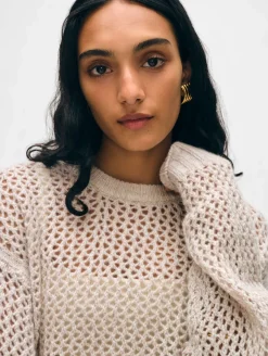 New White + Warren cashmere marled mesh crewneck SandwispCombo