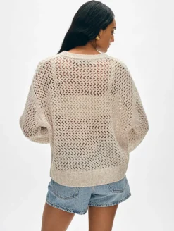 New White + Warren cashmere marled mesh crewneck SandwispCombo