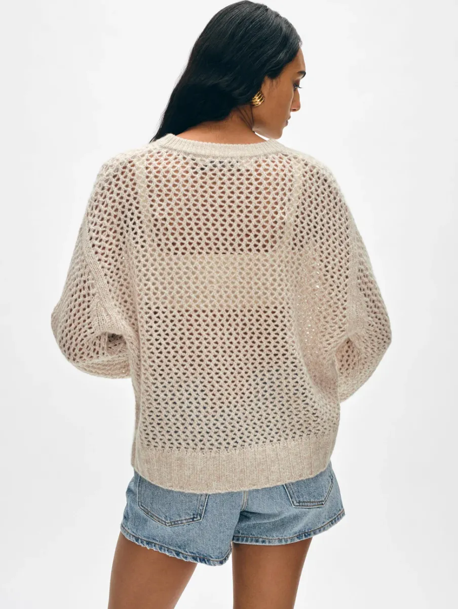 New White + Warren cashmere marled mesh crewneck SandwispCombo