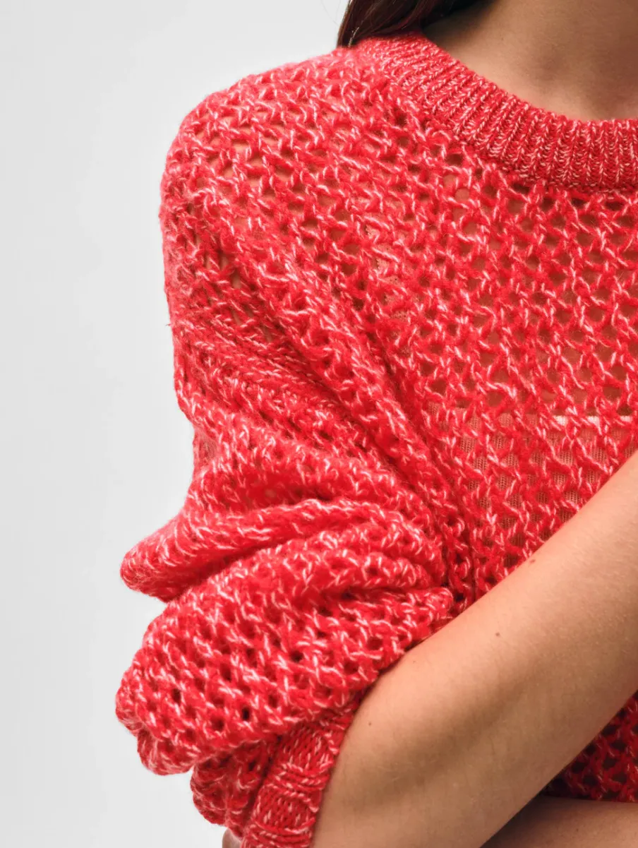 New White + Warren cashmere marled mesh crewneck BrightScarletCombo