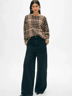 Sale White + Warren cashmere plaid crewneck TrueCamel/Black