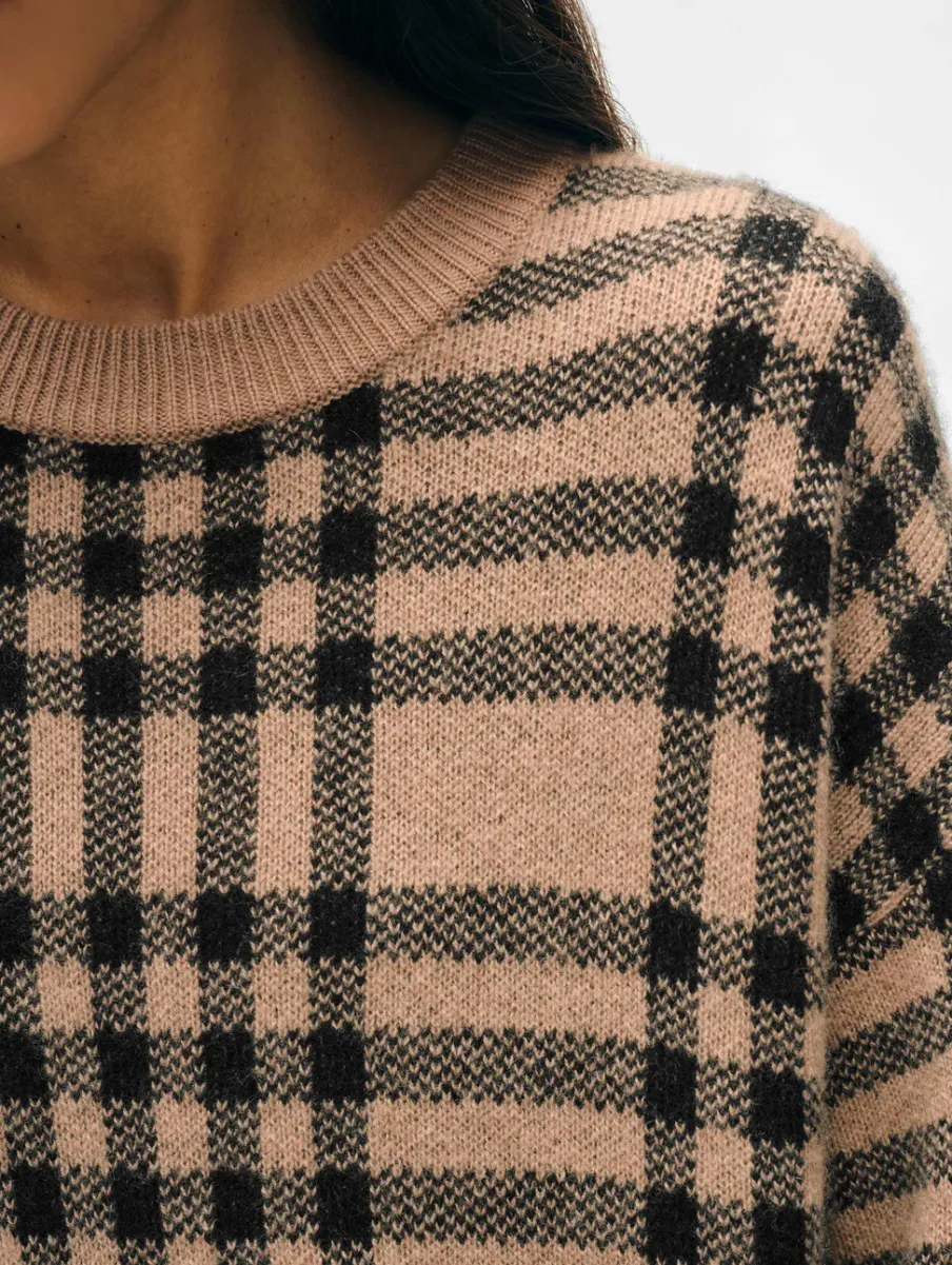 Sale White + Warren cashmere plaid crewneck TrueCamel/Black