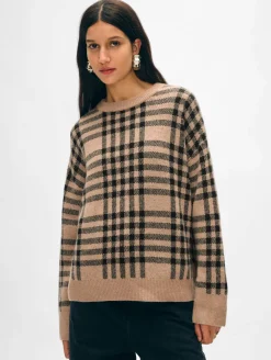 Sale White + Warren cashmere plaid crewneck TrueCamel/Black