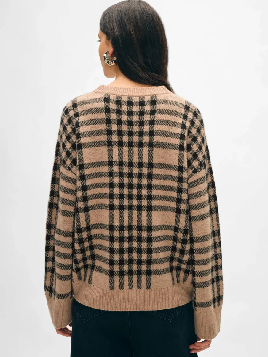 Sale White + Warren cashmere plaid crewneck TrueCamel/Black