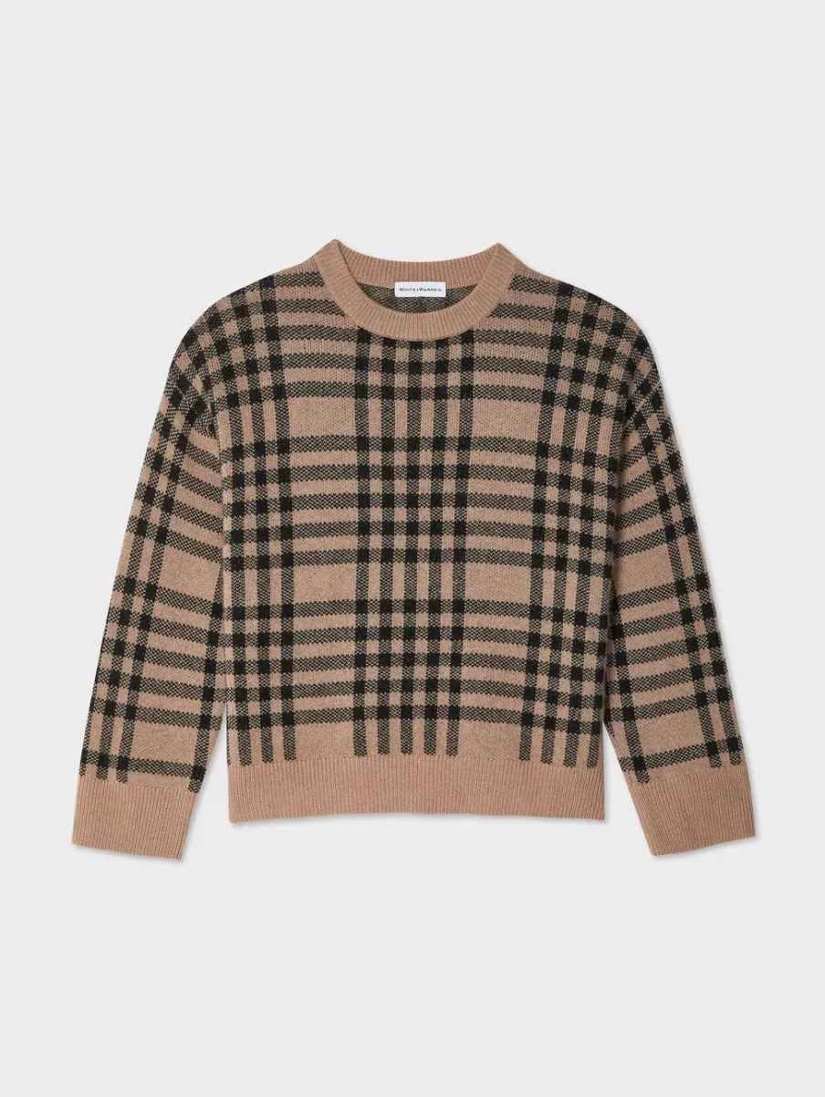 Sale White + Warren cashmere plaid crewneck TrueCamel/Black