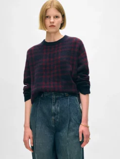 Outlet White + Warren cashmere plaid crewneck Sangria/navy