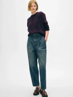 Outlet White + Warren cashmere plaid crewneck Sangria/navy