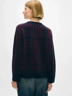 Outlet White + Warren cashmere plaid crewneck Sangria/navy