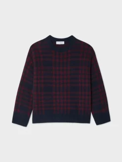 Outlet White + Warren cashmere plaid crewneck Sangria/navy