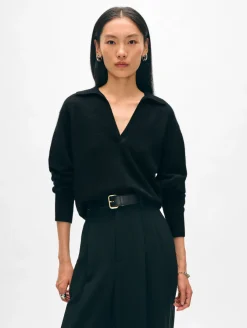 Clearance White + Warren cashmere polo Black