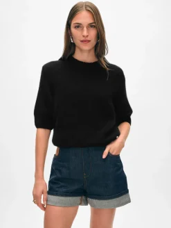 Clearance White + Warren cashmere puff sleeve crewneck Black