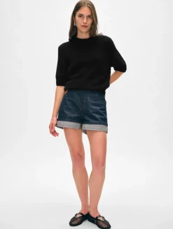 Clearance White + Warren cashmere puff sleeve crewneck Black