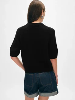 Clearance White + Warren cashmere puff sleeve crewneck Black