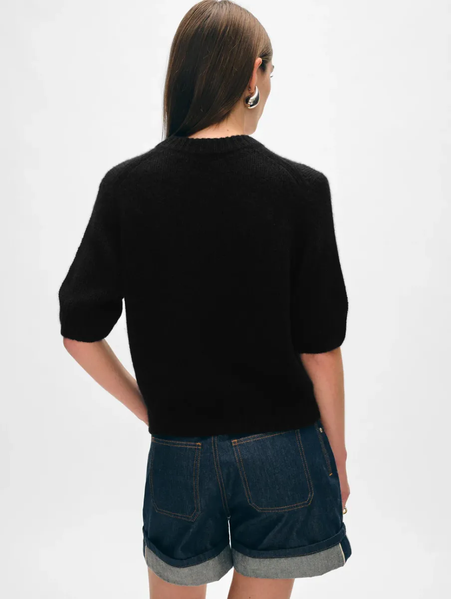 New White + Warren cashmere puff sleeve crewneck Black