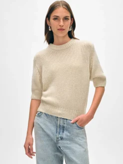 Outlet White + Warren cashmere puff sleeve crewneck NaturalHeather