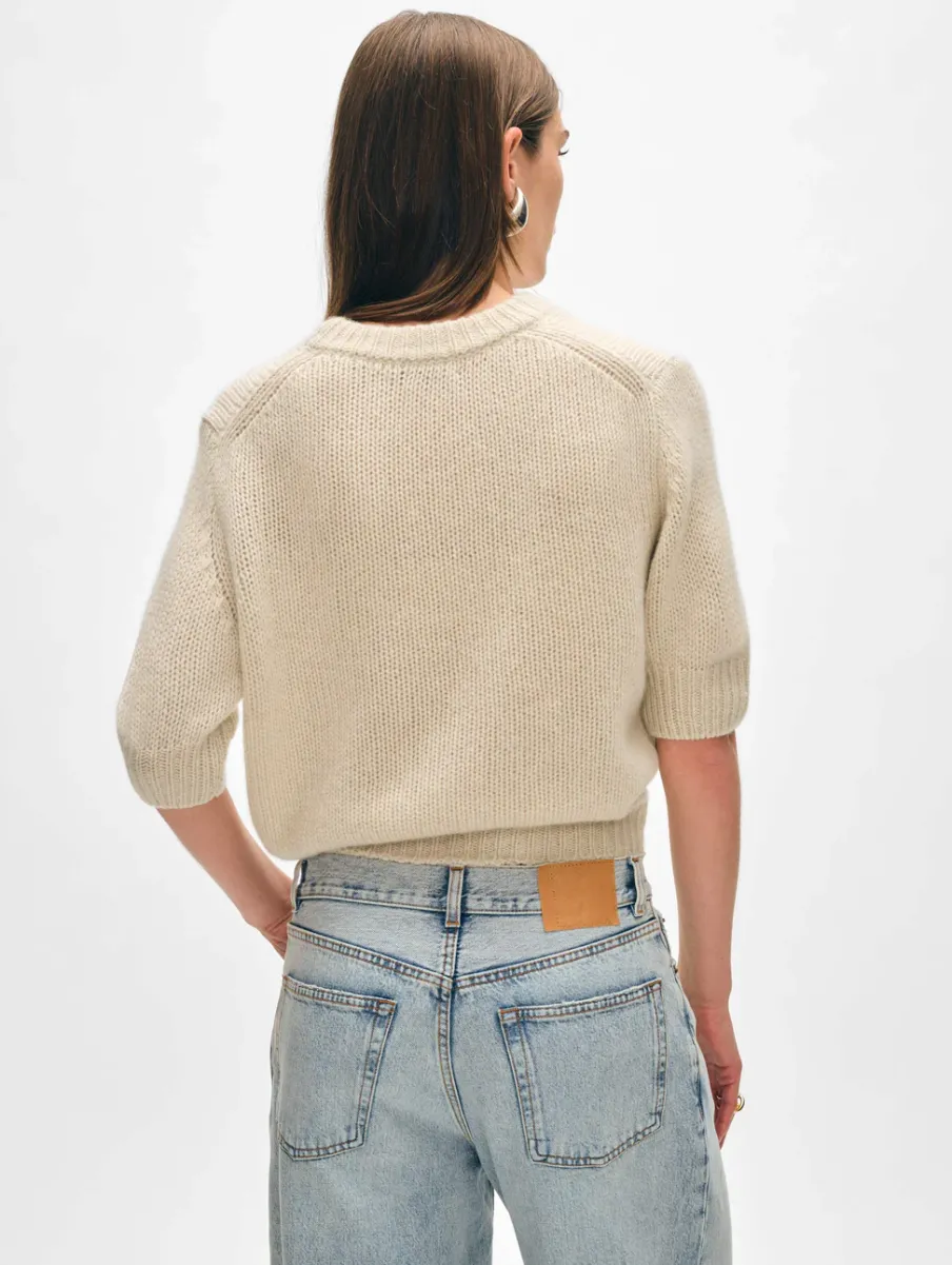 Outlet White + Warren cashmere puff sleeve crewneck NaturalHeather