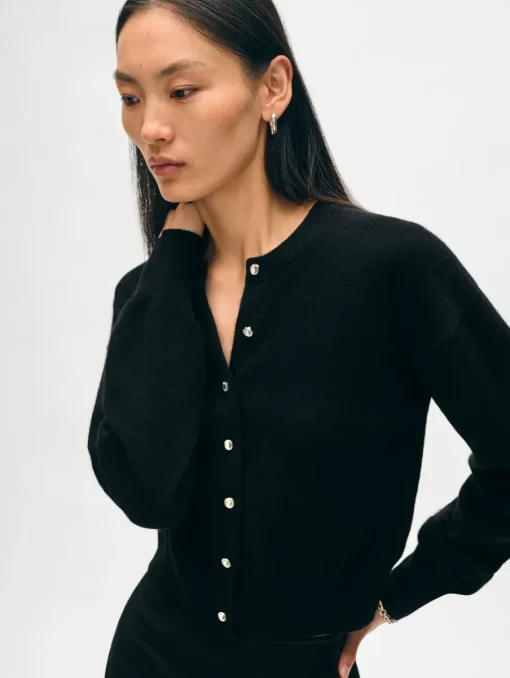 Hot White + Warren cashmere rhinestone button cardigan Black