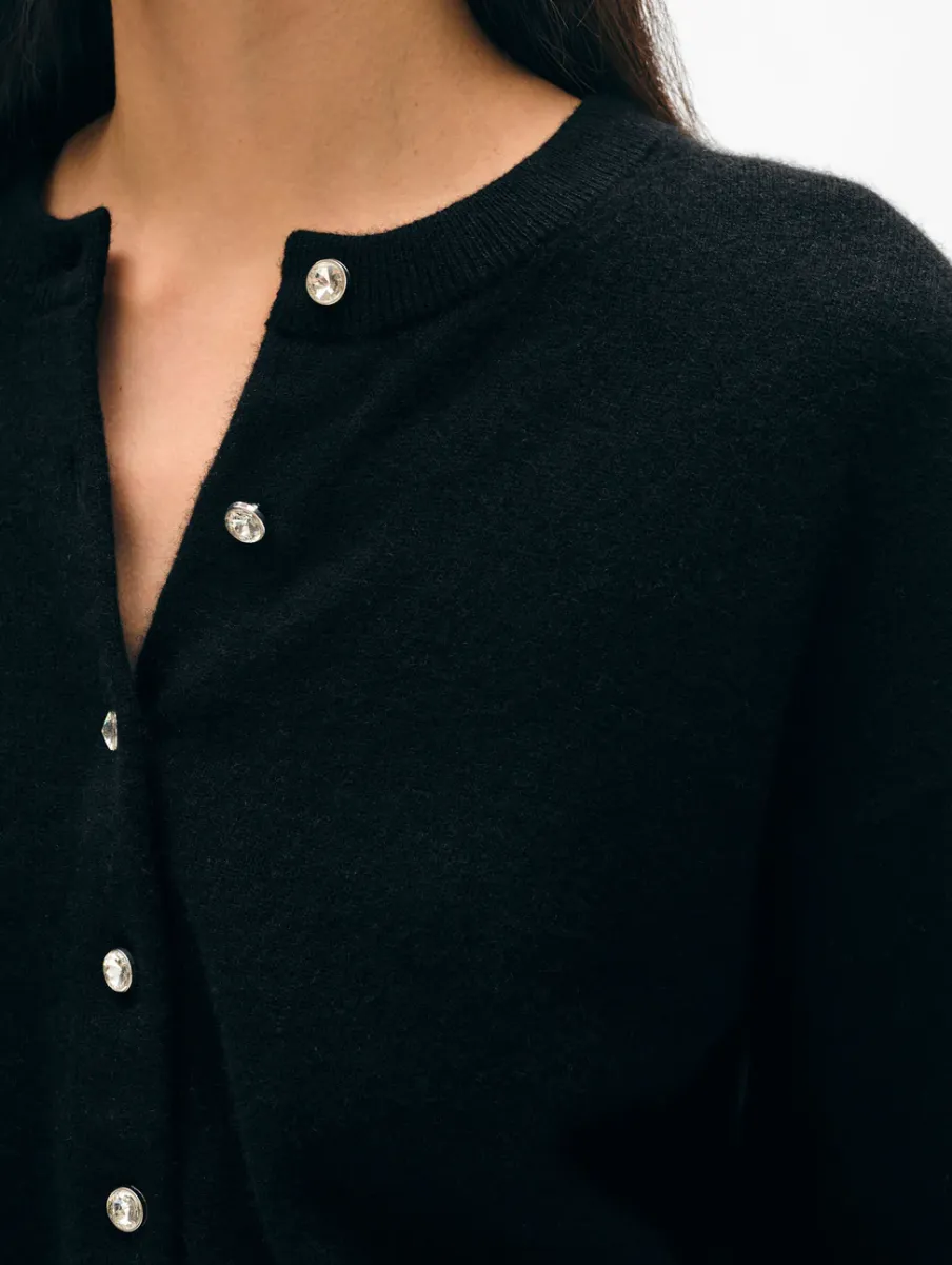 Hot White + Warren cashmere rhinestone button cardigan Black