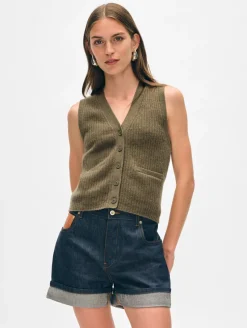 Online White + Warren cashmere ribbed button vest Loden