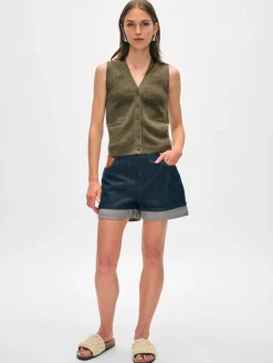 Online White + Warren cashmere ribbed button vest Loden