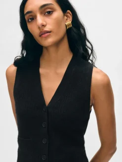 Fashion White + Warren cashmere ribbed button vest Black