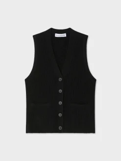 Fashion White + Warren cashmere ribbed button vest Black