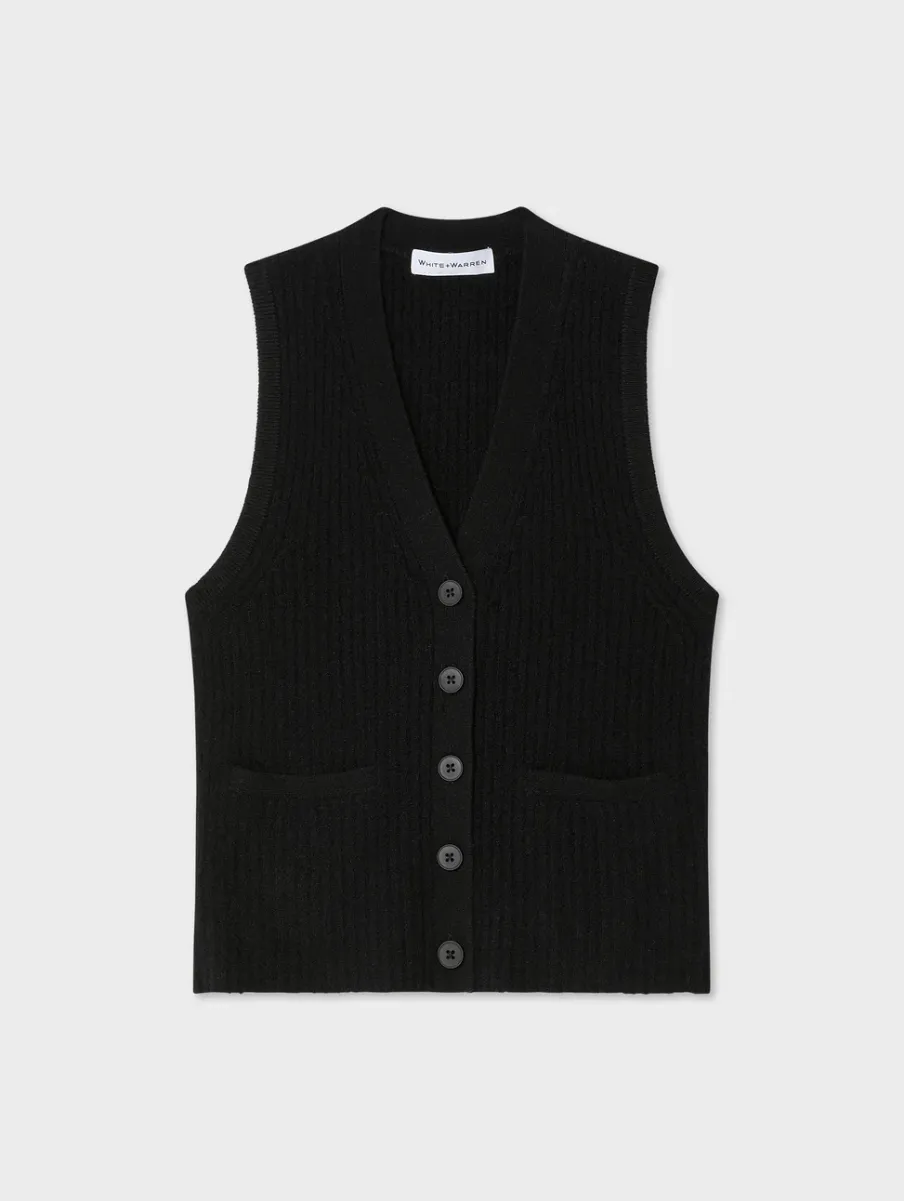 Fashion White + Warren cashmere ribbed button vest Black