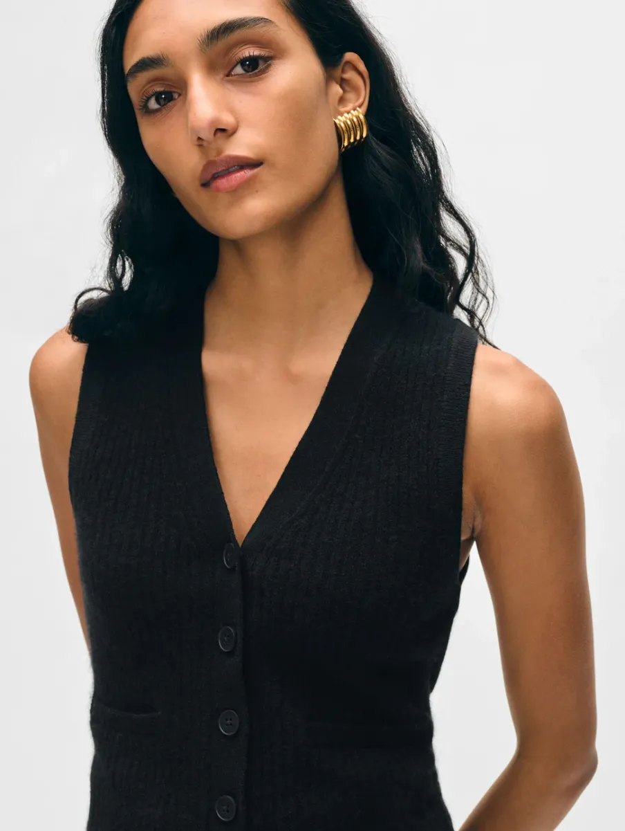 Best White + Warren cashmere ribbed button vest Black