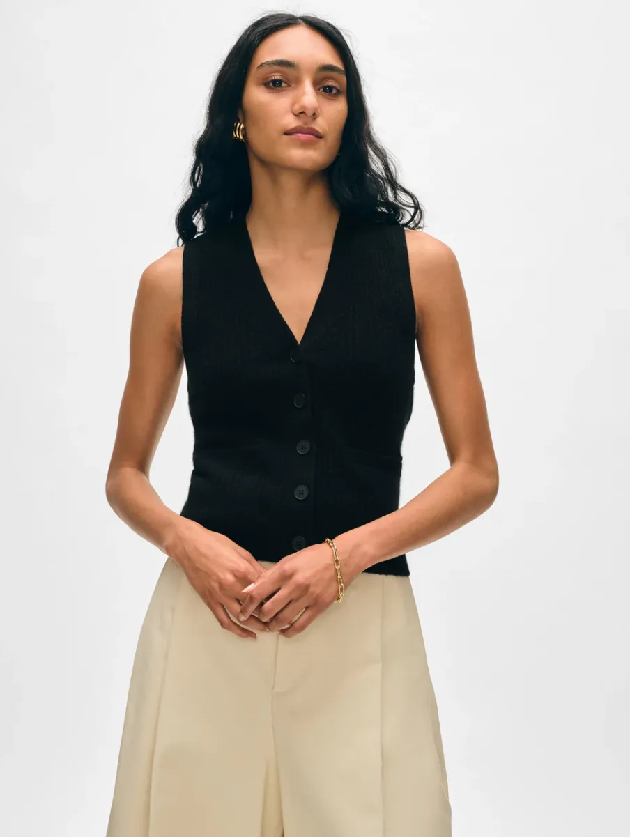 Best White + Warren cashmere ribbed button vest Black
