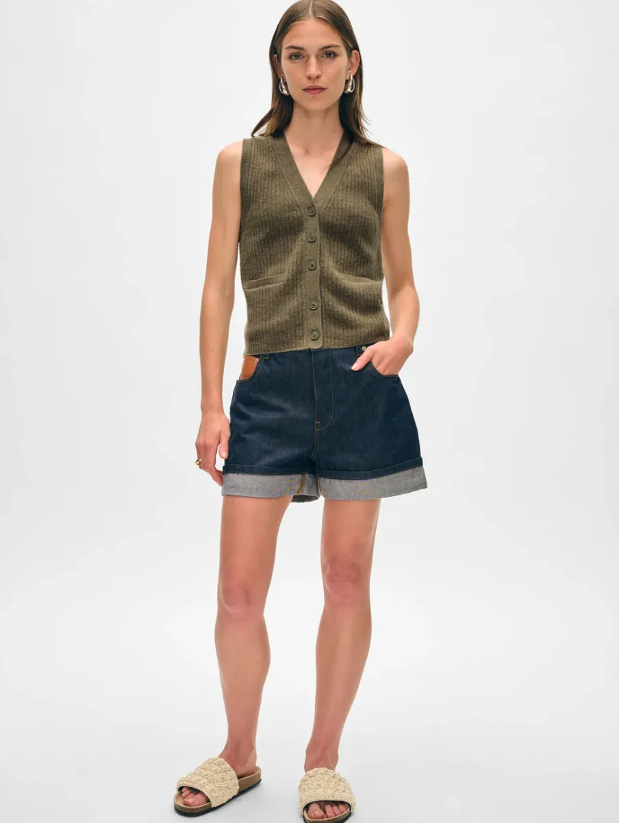 Outlet White + Warren cashmere ribbed button vest Loden