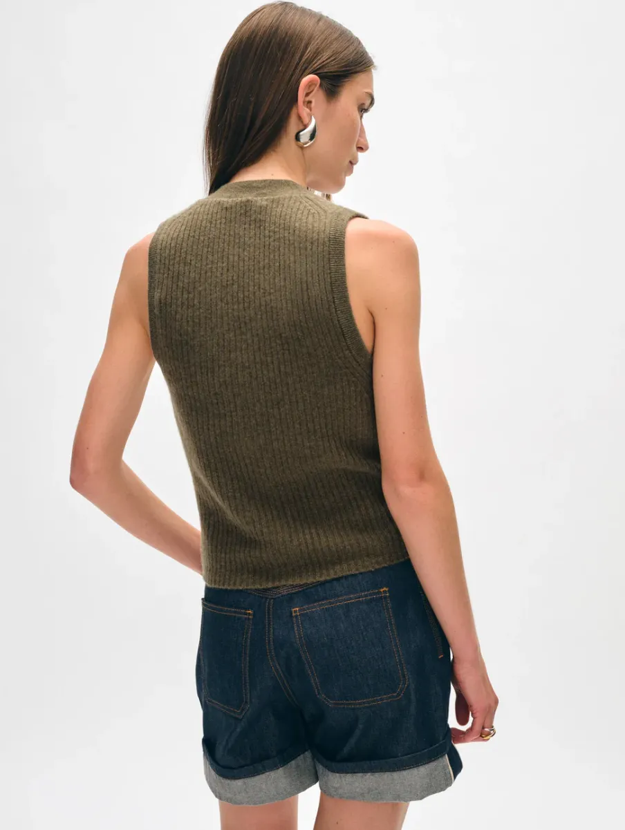 Outlet White + Warren cashmere ribbed button vest Loden