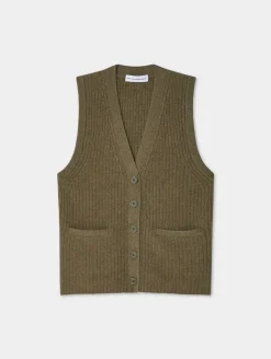 Outlet White + Warren cashmere ribbed button vest Loden